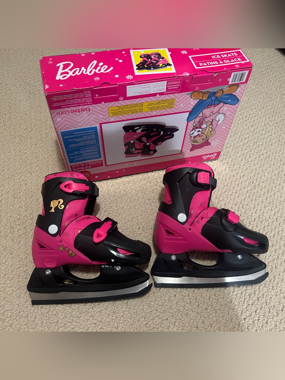 Barbie Pink and Black Adjustable Kids Ice Skates Fits Toddler Sz 12-2